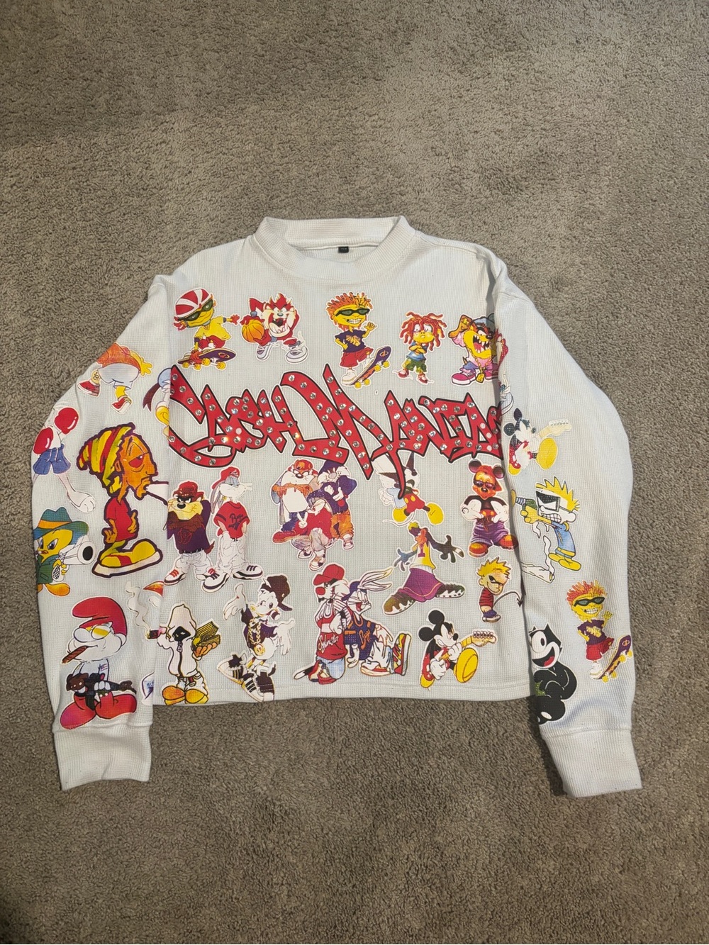White Crewneck Sweater with Colorful Cartoon Graphics